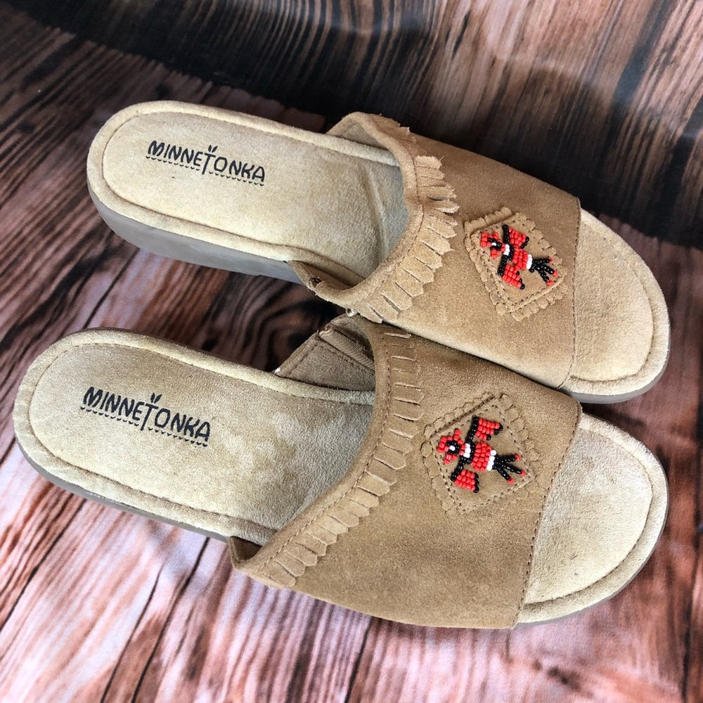 Minnetonka Brown Suede Leather Fringe Beaded Sandals Slides - Picture 3 of 12